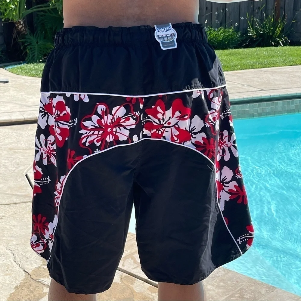 NWT Laguna 2XL Men Black Swim Trunks with Red Floral Panels MT02